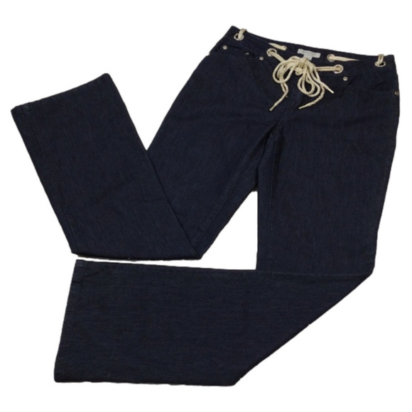 Boston Proper Blue Dark Wash Five Pocket Mid Rise Straight Light Flare Leg Jean - Picture 1 of 15